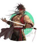  1boy abs artist_name bandages bara bare_pectorals beard belt biceps black_hair breasts ear_piercing earrings eyepatch facial_hair gauntlets highres jacket jewelry jin_(sirius-j) large_breasts large_pectorals long_hair looking_at_viewer male_focus manly mature_male muscular muscular_male neck_ribbon open_clothes open_jacket original pants pectorals piercing ponytail ribbon scar scar_on_arm scar_on_chest smile solo stubble sword weapon 
