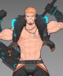  1boy abs bara bare_pectorals belt biceps blonde_hair blue_eyes brown_hair flexing gauntlets gun hunterkay jacket jewelry looking_at_viewer male_focus manly mature_male multicolored_hair muscular muscular_male necklace nipples open_clothes open_jacket original pants pectorals pose smirk solo spiked_hair teeth thick_arms tube undercut weapon weapon_on_back 