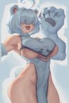  1girl absurdres ahoge animal_ears animal_hands bare_shoulders boyu claws covered_nipples fang grey_hair grey_theme hair_over_eyes highres open_mouth original rabbit_tail short_hair skindentation solo tail turtleneck 
