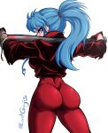  absurdres ass bandaged_arm bandages baseball_bat bat blue_hair botan_(yu_yu_hakusho) highres jacket looking_back lord_guyis pants ponytail purple_eyes red_legwear self_upload thick_thighs thighs tight tight_pants yu_yu_hakusho 