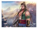  1boy abs armband bandaged_arm bandages bara bare_pectorals belt biceps black_hair blurry building dungeon_and_fighter facial_hair gauntlets jacket jin_(sirius-j) large_pectorals long_hair looking_at_viewer male_focus manly mansion mature_male mountain mountainous_horizon muscular muscular_male original outdoors pectorals ponytail red_eyes scar scar_on_arm scar_on_chest sleeveless smile solo stubble thick_arms torn_clothes veins veiny_arms 