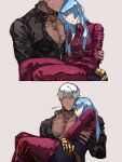  1boy 1girl blue_hair carrying closed_mouth cross dark-skinned_male dark_skin grey_background highres jewelry k&#039;_(kof) kula_diamond long_hair long_sleeves multiple_views pectoral_cleavage pectorals pendant short_hair simple_background sleeping syachiiro the_king_of_fighters upper_body white_hair 