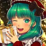  1girl bangs beret bow breasts commentary_request earrings front_ponytail gift green_eyes green_hair hat hat_bow holding holding_gift jewelry kageharu kagiyama_hina medium_breasts medium_hair nail_polish one_eye_closed open_mouth red_bow red_headwear teeth touhou upper_teeth 