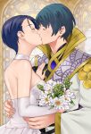  1boy 1girl alternate_costume bare_shoulders blue_hair blush bouquet byleth_(fire_emblem) byleth_(fire_emblem)_(male) closed_eyes commentary couple detached_collar dress elbow_gloves english_commentary fingernails fire_emblem fire_emblem:_three_houses flower gloves gold_trim hand_on_another&#039;s_hip high_collar highres holding holding_bouquet hug igni_tion indoors kiss official_alternate_costume purple_hair robe shamir_nevrand short_hair strapless strapless_dress wedding wedding_dress white_dress white_flower white_gloves white_robe wide_sleeves 