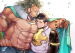  2boys abs animal_hands armband arsalan_(housamo) bara beard belt biceps black_hair bodysuit bracelet brown_fur cape chest_armor chest_plate closed_eyes couple face_to_pecs facial_hair fire furry furry_male green_hair halo hand_on_own_thigh hug jewelry large_pectorals lion_boy long_sleeves male_focus manly mature_male multiple_boys muscular muscular_male nipples pants pectorals smile solo sparkle spiked_hair stubble thick_arms thick_eyebrows tight tokyo_afterschool_summoners topless topless_male water water_drop yaoi youzora_samo18 zabaniya_(housamo) 