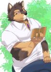 anthro book brown_body brown_fur canid canine canis claws clothing domestic_dog dress_shirt eyewear fur glasses hi_res lifewonders live-a-hero male mammal muscular muscular_anthro muscular_male nazebesu_hobby outside pubraseer purple_eyes reading shirt solo topwear video_games 