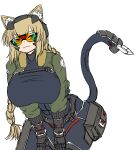  1girl absurdres animal_ear_fluff animal_ears armored_gloves braid braided_ponytail breasts cat_ears cat_girl deculture headgear highres huge_breasts leaning_forward long_hair looking_at_viewer original robotic_tail sad_smile second-party_source slit_pupils sunglasses tactical_clothes wide_hips 