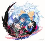  1boy 2girls angel_wings artist_name asymmetrical_wings bangs belt blue_eyes blue_hair breasts cleavage dizzy_(guilty_gear) energy eyebrows_visible_through_hair fingernails guilty_gear guilty_gear_xrd hair_ribbon highres ice large_breasts long_hair magic magic_circle mature_female monster_girl multiple_girls necro_(guilty_gear) open_hand outstretched_arm pinion red_eyes ribbon simple_background skull twintails undine_(guilty_gear) white_background wings yellow_ribbon 