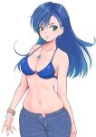  1girl blue_hair breasts cleavage denim earrings hair_ornament highres jeans jewelry kajino_(aosansai) long_hair looking_at_viewer maria_traydor navel necklace open_fly open_mouth pants simple_background smile solo star_ocean star_ocean_till_the_end_of_time white_background 