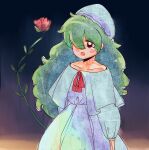  1980s_(style) 1girl bad_id bad_pixiv_id blue_dress blue_headwear capelet dress flower green_hair hair_over_one_eye hat highres kazami_yuuka kazami_yuuka_(pc-98) long_hair long_sleeves messy_hair nightcap nightgown off-shoulder_dress off_shoulder open_mouth pajamas red_eyes retro_artstyle rose sleepwear sleepy takemoto_izumi_(style) touhou touhou_(pc-98) upper_body very_long_hair yatyou yawning 