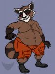  2019 anthro basicbiscuit belly big_belly bottomwear bulge chubby_anthro chubby_male claws clenched_teeth clothing footwear fur guardians_of_the_galaxy head_tilt hi_res looking_down looking_surprised male mammal marvel navel overweight overweight_anthro overweight_male procyonid raccoon rocket_raccoon shirtless shirtless_male shoes shorts slightly_chubby solo teeth wide_eyed 