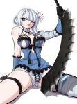  absurdres bandaged_arm bandaged_leg bandages bulge dress flower futanari hair_flower hair_ornament highres kaine_(nier) looking_at_viewer lord_guyis nier_(series) panties penis_in_panties scowl short_dress thigh_strap underwear weapon white_hair 