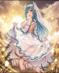  1girl ass bare_shoulders barefoot blue_hair breasts detached_sleeves evertale full_body highres large_breasts long_hair looking_at_viewer open_mouth pointy_ears see-through smile solo thighs veil yellow_eyes 