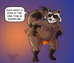  2020 anthro basicbiscuit belly big_belly big_butt bulge butt chubby_anthro chubby_male claws clenched_teeth clothing dialogue dressing fangs fur guardians_of_the_galaxy holding_clothing holding_object holding_thong looking_down male mammal marvel mostly_nude navel procyonid raccoon raised_tail rocket_raccoon slightly_chubby solo speech_bubble standing teeth text thong thong_only toe_claws underwear 