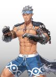  1boy abs arm_tattoo armband artist_name bara biceps breasts chain claws clenched_hands dungeon_and_fighter ear_piercing earrings facial_hair fang_necklace fighter_(dungeon_and_fighter) fighting_stance fingerless_gloves frown gauntlets gloves headband jewelry jin_(sirius-j) large_breasts large_pectorals looking_to_the_side male_focus manly mature_male muscular muscular_male navel necklace nipples open_mouth pectorals piercing pointy_ears red_eyes scar scar_on_cheek scar_on_face scar_on_stomach shorts shoulder_pads silver_hair solo spiked_hair spread_legs stubble tail tattoo teeth thick_thighs thighs tongue 