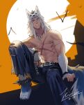  1boy abs artist_name bara bat biceps black_nails blue_eyes castle chain cloud cloudy_sky cuffs dungeon_and_fighter fang_necklace fighter_(dungeon_and_fighter) halloween hand_on_own_knee heterochromia highres jewelry jin_(sirius-j) large_pectorals leather leather_belt looking_at_viewer male_focus manly mature_male moon muscular muscular_male necklace night night_sky nipples pants pectorals scar scar_across_eye scar_on_arm scar_on_chest scar_on_face sitting sky solo spiked_hair thick_arms thick_eyebrows torn_clothes veins veiny_arms werewolf white_eyes white_fur wolf_mask 