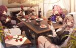  3girls alcohol aponia_(honkai_impact) bad_link bangs black_footwear blue_eyes boots bottle breasts brown_hair cake cake_slice chair closed_mouth crossed_legs cup curtains dress drinking_glass eden_(honkai_impact) elf elysia_(honkai_impact) fireplace flower food fork goblet hair_ornament hand_on_own_cheek hand_on_own_face highres holding_goblet honkai_(series) honkai_impact_3rd indoors long_hair long_sleeves looking_at_viewer multiple_girls nun official_art petals pink_hair plate pointy_ears ponytail purple_dress purple_eyes purple_hair purple_legwear red_flower red_rose rose sitting smile table thighhighs window wine wine_bottle wine_glass yellow_eyes 