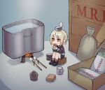  1girl armband blonde_hair brown_eyes brown_legwear can candy canned_food chibi chocolate chocolate_bar cooking crate cup eating fire food gegesenseilove girls&#039;_frontline highres marshmallow mp40_(girls&#039;_frontline) mre mug russian_text sack shoes shorts solo stick 