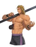  1boy abs bara belt biceps blonde_hair breasts gourd jin_(sirius-j) large_breasts large_pectorals looking_at_viewer male_focus manly mature_male messy_hair muscular muscular_male nipples original pants pectorals scar scar_on_face smirk solo spiked_hair staff topless topless_male veins veiny_arms wristband yellow_eyes 