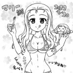  1girl ;p alternate_costume bare_shoulders bikini birthday breasts cake cleavage commentary dated drill_hair food fork girls_und_panzer greyscale holding holding_food holding_fork long_hair looking_at_viewer lowres marie_(girls_und_panzer) medium_breasts monochrome nanashiro_gorou navel one_eye_closed solo swimsuit tongue tongue_out translated upper_body 