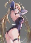  1girl armpits arms_behind_head arms_up ass bangs bare_shoulders blue_eyes bradamante_(fate) bradamante_(first_ascension)_(fate) breasts commentary_request elbow_gloves fate/grand_order fate_(series) gloves grey_background highleg highleg_leotard highres leotard long_hair looking_at_viewer looking_back medium_breasts parted_lips shiny shiny_hair simple_background sleeveless solo suishougensou thigh_strap thighs twintails twisted_torso 