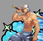  1boy abs bara biceps bracelet brown_eyes dungeon_and_fighter facial_hair gun jewelry jin_(sirius-j) large_pectorals looking_at_viewer male_focus manly mature_male muscular muscular_male navel nipples old old_man over_shoulder pants pectorals scar scar_on_arm scar_on_chest smirk solo spiked_hair star_(symbol) stomach_tattoo stubble sword tattoo topless topless_male weapon weapon_over_shoulder white_hair 