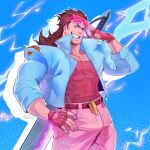  1boy abs absurdres artist_name bara biceps blue_eyes brown_hair collared_jacket demacia_vice_garen electricity fingerless_gloves garen_(league_of_legends) glasses gloves hand_on_eyewear hand_on_hip highres jacket league_of_legends leather leather_belt long_hair looking_at_viewer male_focus manly mature_male muscular muscular_male pants pectoral_cleavage pectorals punbun_4fun shirt smile solo spiked_hair sunglasses sword t-shirt teeth thick_arms tight weapon weapon_on_back 