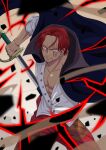  1boy black_coat coat fighting_stance male_focus one_piece red_eyes red_hair scar scar_across_eye scar_on_face shanks solo sword weapon 