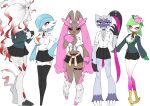  5girls :3 alternate_color animal_ears animal_feet animal_hands animal_nose arm_at_side bangs big_hair black_legwear black_panties black_sclera black_skirt blue_fur blue_hair blue_skin blush bob_cut body_fur breasts brown_fur chest_jewel claws cleavage closed_mouth clothed_pokemon clothes_around_waist collared_shirt colored_sclera colored_skin commentary_request covered_eyes crop_top crossed_legs ear_piercing earrings flower forehead_jewel full_body furry furry_female gardevoir gradient_hair gradient_skin green_jacket green_shirt green_skin grey_fur hair_flower hair_ornament hair_over_eyes hair_over_one_eye half-closed_eyes hand_to_own_mouth hand_up hands_up happy heart_o-ring highleg highleg_panties highres hisuian_lilligant hisuian_zoroark jacket jewelry large_breasts leg_warmers legs_together light_blush long_hair long_sleeves lopunny medium_breasts midriff miniskirt monster_girl multicolored_hair multicolored_skin multiple_earrings multiple_girls navel neck_ribbon no_bra one_eye_covered open_mouth orange_eyes orange_sweater osenchurii own_hands_together panties piercing pink_eyes pink_flower pink_fur pink_skin plant_girl pleated_skirt pokemon pokemon_(creature) purple_fur rabbit_ears rabbit_girl red_eyes red_hair red_ribbon ribbon school_uniform shiny shiny_pokemon shiny_skin shirt short_hair short_sleeves side-tie_panties sidelocks simple_background skindentation skirt sleeves_rolled_up small_breasts smile sneasler snout standing stomach sweater sweater_around_waist swept_bangs tail thigh_strap thighhighs tied_shirt toeless_legwear tongue tongue_out tongue_piercing two-tone_fur two-tone_hair two-tone_skin underwear very_long_hair watson_cross white_background white_hair white_legwear white_shirt white_skin wolf_ears wolf_girl wolf_tail yellow_gemstone zettai_ryouiki 