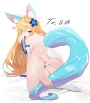  1girl absurdres all_fours animal_ear_fluff animal_ears ass asymmetrical_legwear back backboob bad_feet bare_shoulders barefoot bed bed_sheet blonde_hair blue_eyes blue_flower blue_tail breasts butt_crack cameltoe detached_sleeves eyebrows_visible_through_hair feet fingernails flower fox_ears fox_girl fox_tail hair_flower hair_ornament heart highres korean_text large_breasts looking_at_viewer looking_back nail_polish original pinion pink_nails soles solo spoken_heart tail toes tongue tongue_out white_legwear 