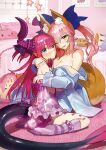  2girls animal_ears bed blue_eyes blush breasts elizabeth_bathory_(fate) elizabeth_bathory_(fate/extra_ccc) fate/extra fate/extra_ccc fate_(series) fox_ears fox_girl fox_tail highres horns hug large_breasts lizard_tail looking_away matou_shinji multiple_girls one_eye_closed pajamas pillow pink_hair reptile_girl ribbon small_breasts stuffed_toy tail tamamo_(fate) tamamo_no_mae_(fate/extra) thick_eyebrows thighhighs twintails unbuttoned unbuttoned_shirt wada_arco yellow_eyes 