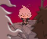  2boys black_jacket blurry blurry_foreground brown_hair chain character_doll closed_eyes collar danganronpa_(series) danganronpa_2:_goodbye_despair danganronpa_another_episode:_ultra_despair_girls gradient gradient_background grey_hair hinata_hajime jacket komaeda_nagito long_sleeves metal_collar multiple_boys open_mouth pink_background servant_(danganronpa) sitting stone striped striped_sweater stuffed_toy sweater teeth upper_teeth yandr4hope 