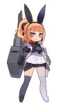  1girl blue_eyes breasts brown_hair chibi closed_mouth full_body gloves gundam gundam_build_fighters gundam_build_fighters_try hoshino_fumina long_hair looking_at_viewer mecha_musume mota ponytail simple_background skirt smile solo thighhighs white_background 