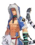  1boy abs animal_ears bara bare_pectorals belt biceps breasts chain collar fang fighter_(dungeon_and_fighter) gauntlets hood hoodie jacket jin_(sirius-j) large_breasts large_pectorals male_focus manly mature_male muscular muscular_male navel navel_hair nipples open_clothes open_jacket original pants pectorals scar scar_on_arm scar_on_chest scar_on_face scar_on_stomach short_sleeves skirt solo tail tiger tiger_ears tiger_mask_(object) tiger_tail torn_clothes white_hair yellow_eyes 