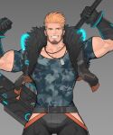  1boy abs bara belt biceps blonde_hair blue_eyes brown_hair camouflage camouflage_shirt flexing gauntlets gun hunterkay jacket jewelry looking_at_viewer male_focus manly mature_male multicolored_hair muscular muscular_male necklace open_clothes open_jacket original pants pectoral_cleavage pectorals pose shirt smirk solo spiked_hair t-shirt teeth thick_arms tight tube undercut weapon weapon_on_back 