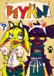  2015 :d anthro apron black_body black_fur black_pupils blue_eyes blush chest_tuft clothing cute_fangs dinogaize duo fake_cat_ears fake_ears fluffy fluffy_tail footprint fur gloves green_body green_eyes green_fur half-closed_eyes handwear hi_res kemono looking_at_viewer looking_away lucas_(dinogaize) mighty_(dinogaize) narrowed_eyes open_mouth orange_eyes paw_pose pawprint pose pupils smile text tuft young 