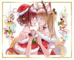  2girls animal_ears antlers bare_shoulders blush bow cat_ears cat_girl cat_tail christmas_ornaments christmas_present christmas_stocking closed_eyes collarbone commentary dog_ears dog_girl dog_tail dress face-to-face facing_another feeding food from_side gift hat holding holding_food kikiyu kmnz looking_at_another mc_lita mc_liz multiple_girls open_mouth profile red_bow reindeer_antlers santa_dress santa_hat smile symbol-only_commentary tail tail_bow tail_ornament virtual_youtuber yuri 