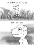  agumon anthro azaracyy bandai_namco bodily_fluids claws comic digimon digimon_(species) dinosaur english_text humor lost nervous reptile scalie solo sweat text 