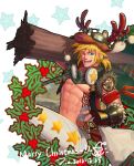  1boy abs armband bag bara biceps blonde_hair blue_eyes carrying carrying_over_shoulder christmas christmas_tree dungeon_and_fighter fighter_(dungeon_and_fighter) gauntlets goggles hat headphones horns jacket jin_(sirius-j) long_hair looking_to_the_side male_fighter_(dungeon_and_fighter) male_focus manly mature_male merry_christmas muscular muscular_male one_eye_closed open_clothes open_jacket pants pectorals ponytail shoulder_tattoo smile solo spiked_hair stomach_tattoo tattoo teeth tongue 