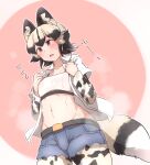  1girl african_wild_dog_(kemono_friends) african_wild_dog_print animal_ears animal_print areolae bangs belt black_hair blonde_hair blush breasts brown_eyes collared_shirt cowboy_shot cutoffs denka_(denka_ilst) dog_ears dog_girl dog_tail dutch_angle flying_sweatdrops from_below hands_up highres kemono_friends layered_sleeves legwear_under_shorts long_sleeves looking_afar medium_breasts medium_hair multicolored_hair navel open_clothes open_mouth open_shirt print_legwear print_sleeves see-through shirt short_over_long_sleeves short_shorts short_sleeves shorts sidelocks solo sports_bra steaming_body stomach sweat tail undressing wet wet_clothes white_shirt wing_collar 