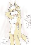  anthro aranami_kujira blush breasts brown_tail_(artist) canid canine canis duo featureless_breasts featureless_crotch female fur hi_res kemono male mammal mother navel nude parent son wet yellow_body yellow_fur 