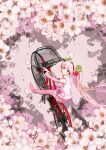  1girl absurdres bicycle bicycle_basket blurry blurry_foreground cherry_blossom_print cherry_blossoms cherry_hair_ornament commentary detached_sleeves dot_mouth falling_petals floral_print flower food-themed_hair_ornament from_above ground_vehicle hair_ornament hatsune_miku headphones headset heart highres long_hair looking_at_viewer looking_up miniskirt mofmama necktie petals pink_eyes pink_flower pink_footwear pink_hair pink_legwear pink_necktie pink_skirt pink_theme pleated_skirt riding_bicycle sakura_miku shirt skirt sleeveless sleeveless_shirt solo spring_(season) thighhighs twintails very_long_hair vocaloid white_shirt 