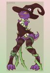  absurd_res anthro blackberry_(purplealacran) bottomless clothed clothing consentacles digital_media_(artwork) female flat_chested fungus genitals green_tentacles hat headgear headwear hi_res jarnqk kobold legwear looking_at_viewer mushroom open_mouth open_smile red_eyes restrained scalie shaded smile solo standing stirrup_stockings stockings tentacles vine_tentacles witch_hat yellow_sclera 