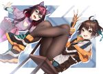  2girls adjusting_clothes adjusting_gloves black_legwear blonde_hair brown_hair cat_ear_hairband chair cleavage_cutout clothing_cutout collar dusk_diver fang fang_out fingerless_gloves gloves green_eyes highres jacket multiple_girls nebusoku nemea official_art open_mouth pantyhose ponytail purple_hair shoes short_hair shorts yang_yumo 