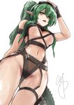  1girl absurdres arknights bare_shoulders bikini black_gloves breasts brown_eyes chinese_commentary covered_nipples cyk_(cyk451) gavial_(arknights) gloves green_hair highres large_breasts long_hair navel open_mouth pointy_ears ponytail simple_background solo swimsuit tail underboob 