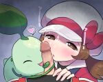  1boy 1girl ^_^ bestiality blue_background blush bow brown_eyes brown_hair cabbie_hat censored chikorita closed_eyes closed_mouth commentary cum cum_on_clothes empty_eyes erection facial fellatio gradient gradient_background half-closed_eyes hand_up happy hat hat_bow heart hetero highres leaf licking licking_penis light_blush lyra_(pokemon) medium_hair mosaic_censoring multiple_fellatio open_mouth oral penis plant pokemon pokemon_(creature) pokemon_(game) pokemon_frlg pokemon_hgss pov pumpkinpan red_(pokemon) red_bow red_shirt shiny shiny_hair shirt sidelocks simple_background smile speech_bubble spoken_heart tongue tongue_out translated twintails upper_body veins veiny_penis vines white_headwear 