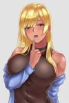  1girl aqua_nails arm_behind_back bangs black_choker blonde_hair blue_cardigan blush breasts brown_shirt cardigan cardigan_pull choker dark-skinned_female dark_skin eye_piercing eyebrows_visible_through_hair fangs finger_to_mouth gyaru highres kogal large_breasts long_hair looking_at_viewer mutsuki_(mutsuki0110) nail_polish open_mouth original purple_eyes shirt simple_background solo tan teeth upper_body upper_teeth 