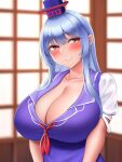  1girl absurdres bangs blue_dress blue_hair blurry blurry_background blush breasts cleavage collarbone dress eyebrows_visible_through_hair hat highres huge_breasts indoors kamishirasawa_keine long_hair looking_to_the_side mimasi_osuwari puffy_short_sleeves puffy_sleeves red_eyes short_sleeves solo touhou upper_body window 