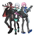  3girls absurdres apex_legends assault_rifle balance_(superdust) bangs black_footwear black_hair black_jacket black_legwear blue_eyes blue_necktie boots breasts cleavage collared_shirt colored_tips energy_gun green_eyes grey_footwear grey_hair gun highres holding holding_gun holding_weapon indie_virtual_youtuber iris_black_games jacket kisaragi_ren_(vtuber) m1904_mastiff medium_breasts multicolored_hair multiple_girls necktie nijisanji over_shoulder pakael_(vtuber) pantyhose pink_hair r-301_carbine r-99_smg red_eyes red_hair rifle second-party_source shirt short_hair shotgun smile submachine_gun thigh_strap vspo! weapon weapon_over_shoulder white_shirt yuuhi_riri 