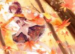  1girl autumn autumn_leaves bangs black_skirt brown_flower brown_hair brown_rose closed_mouth commentary_request eyebrows_visible_through_hair eyelashes floral_print flower forest frills from_behind hair_between_eyes hand_fan hat highres hourai_kiriri leaf_print leg_up looking_at_viewer looking_back nature no_wings orange_footwear orange_scarf pink_flower pink_rose pom_pom_(clothes) puffy_short_sleeves puffy_sleeves red_eyes red_headwear rose rose_print scarf shameimaru_aya shirt shoes short_sleeves skirt sky smile solo standing standing_on_one_leg teeth tokin_hat touhou tree white_shirt white_sky yellow_scarf 